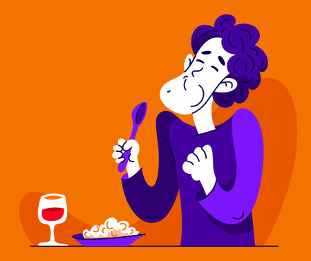 Young man eats tasty dish with a cup of wine, vector illustration of a guy enjoys the food.のイラスト素材