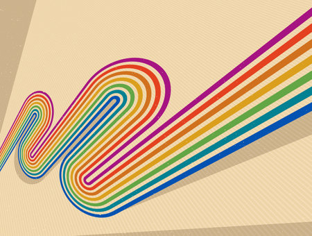 Retro style abstract background with curve lines in all colors of rainbow, 3D dimensional seventieth vector art.のイラスト素材