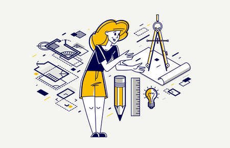 Construction engineer working on a project, building architecture designer vector outline trendy illustration, professional in a work line drawing. Occupation builder architect.のイラスト素材