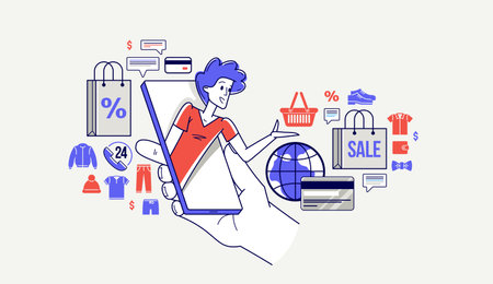Online shopping and discount vector outline illustration, virtual store worker managing goods or customer have a big choice and enjoying cheap prices, adviser consultant.のイラスト素材
