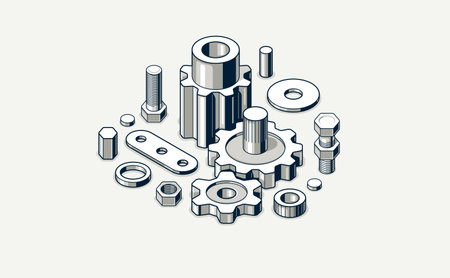 Engineer education concept, gears and cogs composition isometric 3D vector illustration, study science in university, engineering learning.のイラスト素材