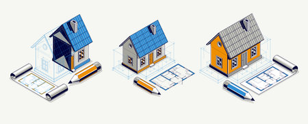 Cottage house for rest project concept set, 3D isometric vector illustration of a small house...