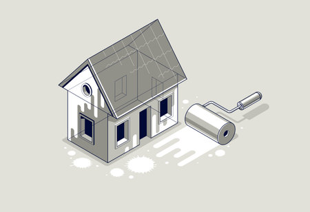 Painting house service exterior walls vector 3D isometric illustration, professional worker facade whitewash paint renovation, residential small family house, outside painting building.のイラスト素材