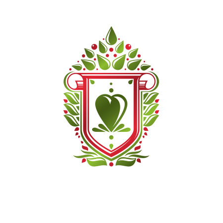 Vintage heraldic emblem created with lily flower royal symbol. Best quality product symbol, nature protection theme illustration, shield decorated with cartouche.のイラスト素材