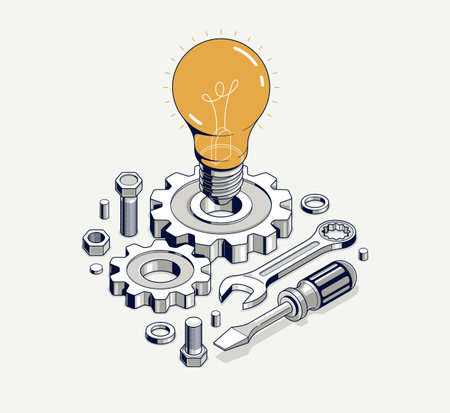 Engineering idea concept, innovation, invention and solution concept, light bulb vector 3D isometric illustration, mechanical engine works.のイラスト素材