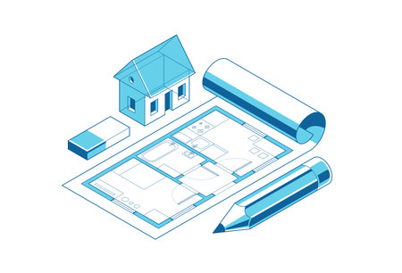 Country or town house project concept, 3D isometric vector illustration of a small house building project, countryside small house in village or outskirt.のイラスト素材