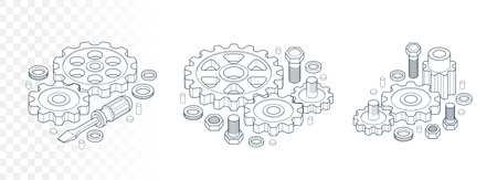 Repair and maintenance concept set, technics service, gears and tools in 3D isometric projection vector illustration, technical mechanical workshop.のイラスト素材