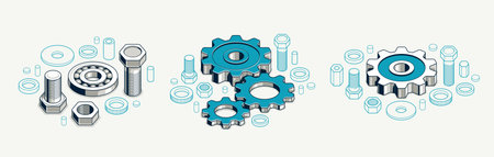 Engineer education concept set, gears and cogs composition isometric 3D vector illustration, study...