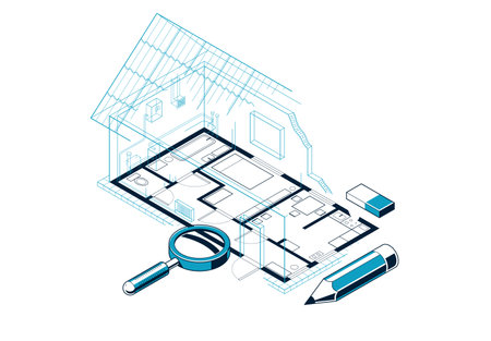 House floorplan drawing with pencil, lodge home residential building blueprint, 3D isometric vector illustration, interior design project top view with roof, summerhouse villa.のイラスト素材