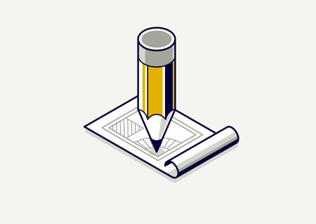 Engineering project concept, paper document blueprint engineer work vector 3D isometric illustration, abstract draft drawing, cad technical plan.のイラスト素材