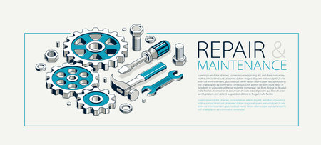 Repair and maintenance advertising, technics service, gears and tools in 3D isometric projection...