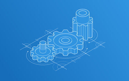 Invention renovation and development concept, gears and cogs with cad engineering drawing isometric 3D vector illustration, technology theme, machinery and engine creation.のイラスト素材