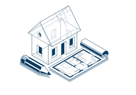 House project implementation embodiment concept, 3D isometric vector illustration of a small house building project, construction architectural model, idea in progress.のイラスト素材