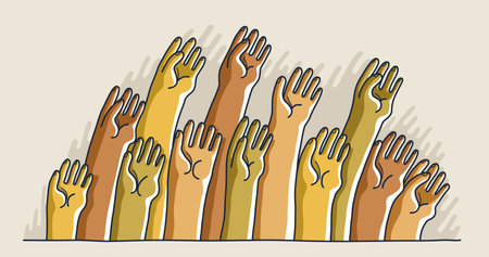 Raised hands vector illustration, voting arms, concert live party show crowd, a lot of people shows palm gesture, community concept, help aid volunteer.のイラスト素材