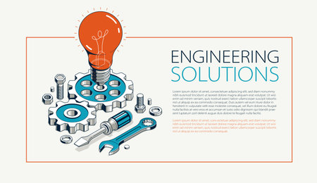 Innovation, invention and solution advertising banner, light bulb with gears vector 3D isometric illustration or icon, technology and technics, mechanical engineering.のイラスト素材
