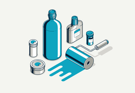 Paints inks and pigments vector 3D isometric illustration, wall paints for decoration and renovation, shades palette swatches different tints.のイラスト素材