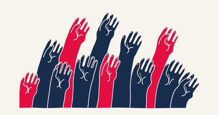 Raised hands vector illustration, voting arms, concert live party show crowd, a lot of people shows palm gesture, community concept, help aid volunteer.のイラスト素材