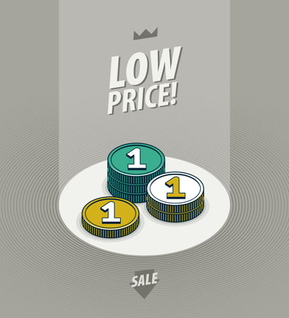 Low price concept poster, coin stack in a spotlight like on a stage vector icon style illustration, e-commerce sale, cheap prices shopping, buy by discount.のイラスト素材