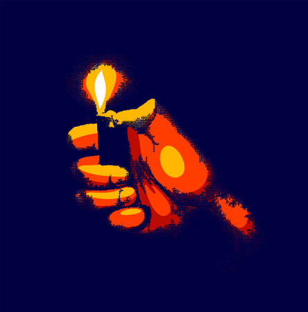 Hand with lighter in a dark vector illustration with halftone effect.のイラスト素材