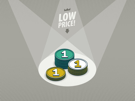 Low price concept poster, coin stack in a spotlight like on a stage vector icon style illustration, e-commerce sale, cheap prices shopping, buy by discount.のイラスト素材