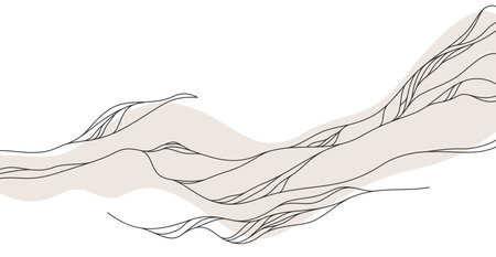 Abstract landscape illustration in oriental Asian style, minimal and simple Japanese background with smooth lines runny like water or hills shapes.のイラスト素材