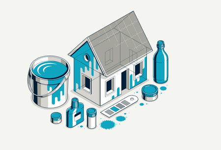 Painting house service exterior walls vector 3D isometric illustration, professional worker facade paint renovation, residential small family house or cottage, outside painting building.のイラスト素材
