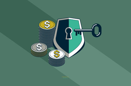 Shield with coins stack vector conceptual poster, financial safety concept, simple icon style illustration of a armor emblem with money, financial protection metaphor.のイラスト素材