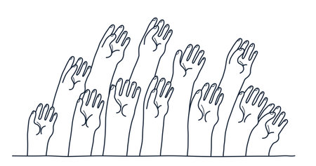 Raised hands vector illustration, voting arms, concert live party show crowd, a lot of people shows palm gesture, community concept, help aid volunteer.のイラスト素材