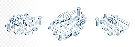 Invention renovation concept set, gears and tools in 3D isometric projection vector illustration, technical theme, cogs and bolts machinery and engine creation.のイラスト素材