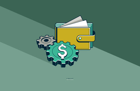 E-Wallet settings concept poster, wallet with gears vector icon style illustration, withdrawal credit limit, bank wallet payments limit, transfer settings.のイラスト素材