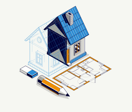 House project implementation embodiment concept, 3D isometric vector illustration of a small house building project, construction architectural model, idea in progress.のイラスト素材