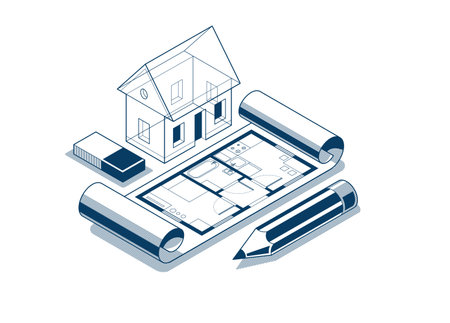 Cottage house for rest project concept, 3D isometric vector illustration of a small house building project, countryside small house cabin in village or nature.のイラスト素材