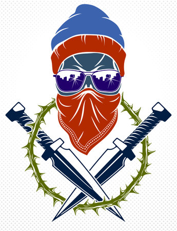 Revolution and Riot wicked emblem or logo with aggressive skull, vector tattoo, anarchy and chaos, rebel partisan and revolutionary.のイラスト素材