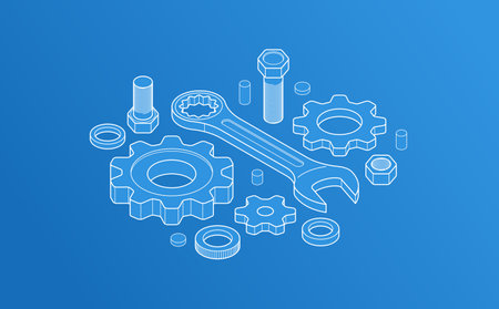 Auto service concept, gears and tools in 3D isometric projection vector illustration, automobile car repair garage workshop, fix the breakdown.のイラスト素材