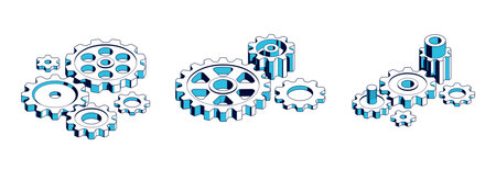 Mechanical engineering concept set, gears and cogs composition isometric 3D vector illustration, cogwheels system technology and technics machinery engine.のイラスト素材