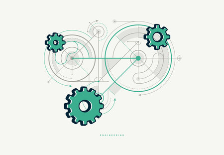 Engineering machine concept poster, gears and cogs vector icon style poster, effective automation.のイラスト素材
