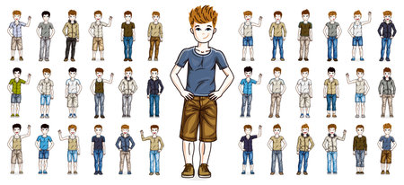 Cute little child boys early teenagers in different casual wear standing in full length and posing...