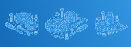 Repair and maintenance concept set, technics service, gears and tools in 3D isometric projection vector illustration, technical mechanical workshop.のイラスト素材