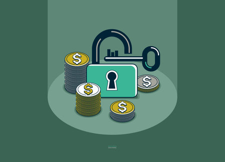 Padlock with coins stack vector conceptual poster, secured savings concept, simple icon style illustration of a lock with money, financial safety metaphor, financial protection.のイラスト素材
