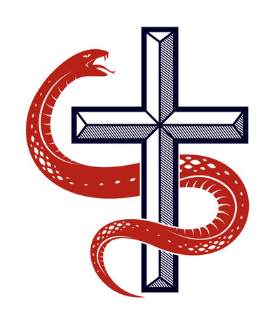 Snake wraps around Christian cross, the struggle between good and evil, saint and sinner, love and hate, life and death symbolic vector illustration logo, emblem or tattoo.のイラスト素材