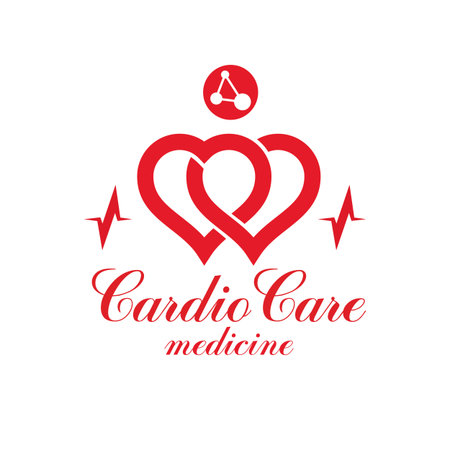 Cardio vector abstract logo made with red heart shape and an ekg chart. Cardiology medical support center conceptual emblem.のイラスト素材