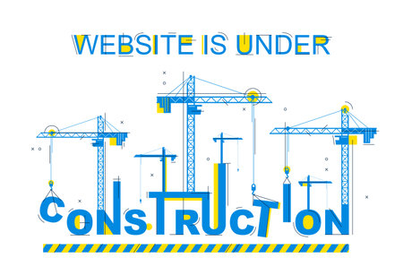 Cranes builds Construction word vector concept design, conceptual illustration with lettering allegory in progress development, stylish metaphor of website site progress.のイラスト素材