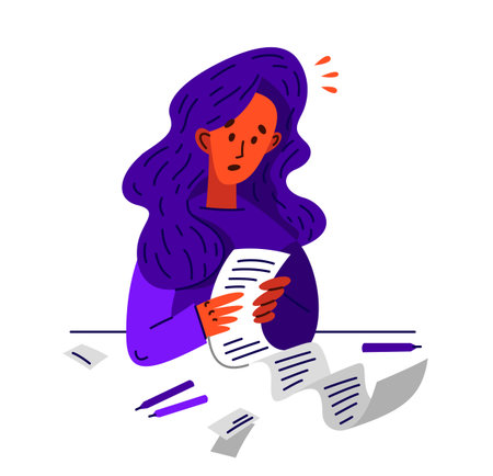 Young woman in trouble have a very long list to do, vector illustration of a stressed girl with long checklist, may be used as a long bill or check.のイラスト素材
