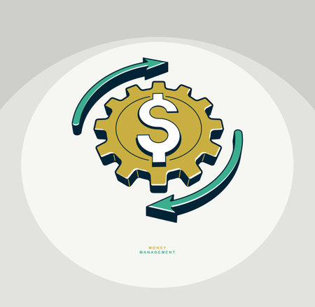 Money management concept poster, gear with dollar sign and arrows vector icon style illustration, business finances.のイラスト素材