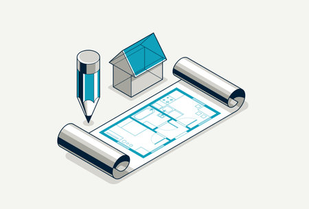 House project concept, 3D isometric vector illustration of a small house and blueprint building project, construction architectural model, residential family small house.のイラスト素材