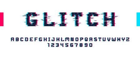 Glitch noisy geometric vector font in analog style, futuristic cyberpunk typeface with digital grunge effect, matrix typography alphabet letters and numbers.のイラスト素材