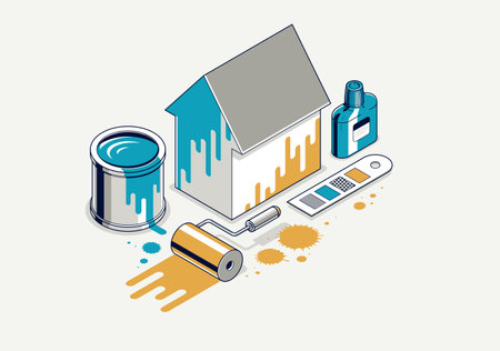 Painting house exterior walls vector 3D isometric illustration, diy facade paint renovation, residential small family house or cottage, outside painting building.のイラスト素材