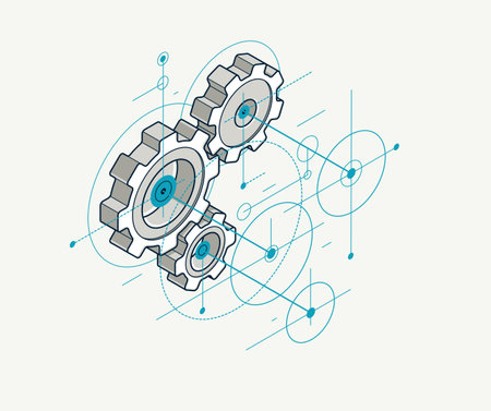 Invention renovation and development concept, gears and cogs with cad engineering drawing isometric 3D vector illustration, technology theme, machinery and engine creation.のイラスト素材