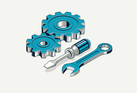 Repair and maintenance concept, technics service, gears and tools in 3D isometric projection vector...