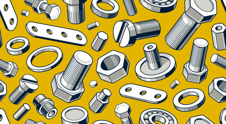 Bolts and nuts seamless background, repair and maintenance workshop tiling wallpaper, mechanic technics service endless pattern, elements easy to use separately.のイラスト素材
